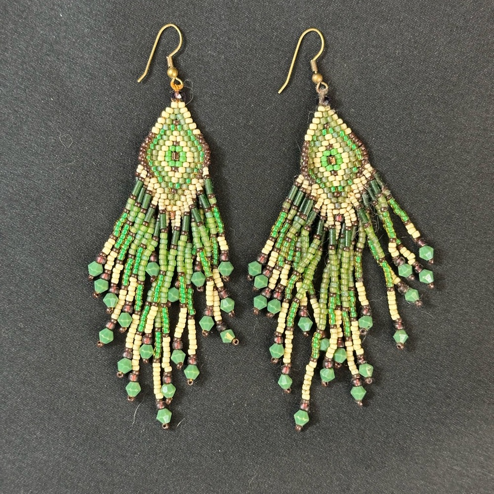 Green, Ivory, and Brown Beaded waterfall fringe earrings